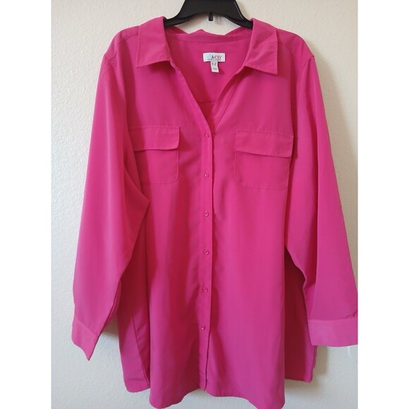 D.&Co Womens Blouse Tunic Pink roll-tab sleeve button shirt pockets 3X Office - Picture 1 of 16
